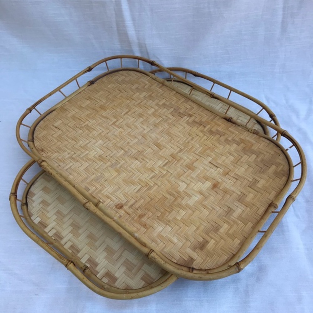 Set of 2 wicker rattan bamboo trays vintage MCM boho tiki woven mid century